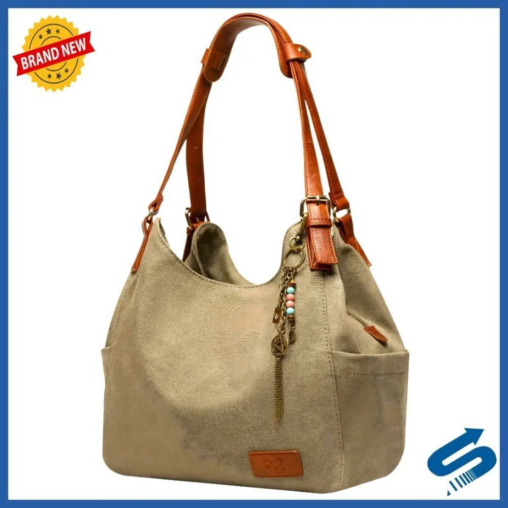 Canvas Hobo Tote Multi Pocket Shoulder Bag Casual Embroidery Ethnic Design